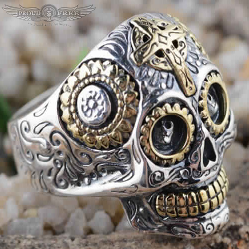 Gothic Two-Tone Sterling Silver & Gold Mexican Sugar Skull Ring – Biker Jewelry For Men & Women, Sizes 8-13