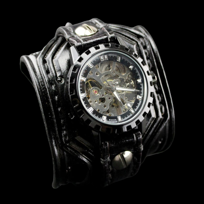 Black Leather Cuff Watch