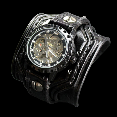Black Leather Cuff Watch